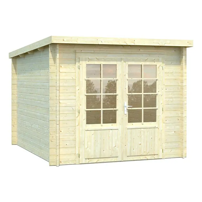Palmako Gartenhaus Marseille 1 - Außenmaß inkl. Dachüberstand (B x T): 264 x 340 cm, Holz, Natur - Ein helles Holzgartenhaus mit Doppeltür und Fenstern bietet einen praktischen und stilvollen Stauraum für den Garten.