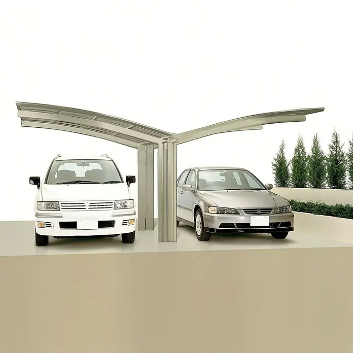 Ximax Carport Portoforte Y 60 - Außenmaß inkl. Dachüberstand (B x T): 5,43 x 4,95 m, Doppelcarport, Edelstahloptik, Schneelast: 75 kg/m² - Das Bild zeigt einen Carport mit zwei geparkten Autos. Der Carport hat ein modernes Design und bietet Schutz vor Witterungseinflüssen.