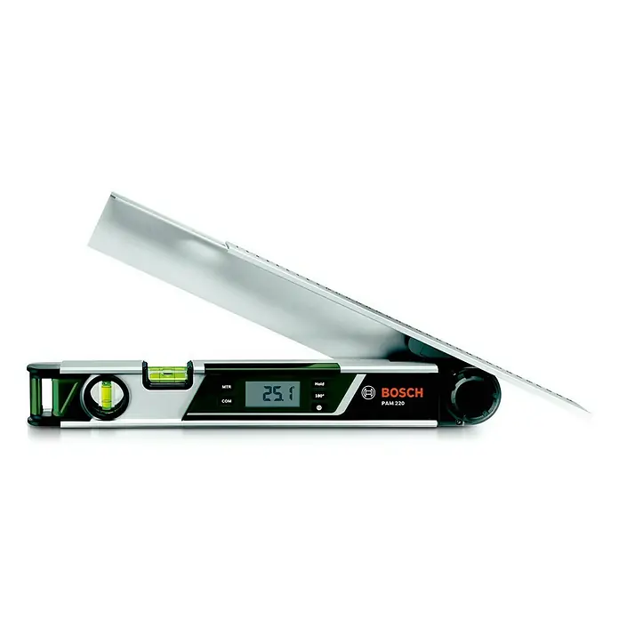 Bosch Goniómetro PAM 220 - Gama de medición: 0 - 220°, Número de niveles de burbuja: 2 ud. - El medidor de ángulo digital Bosch PAM 220 con brazo desplegable para mediciones de ángulo precisas en varios proyectos.