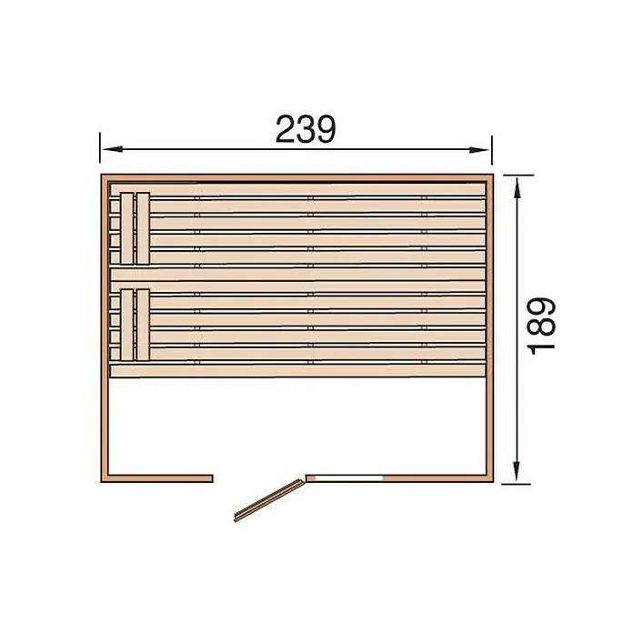 Weka Massivholzsauna VALIDA 9,0 kW K GT/F Gr.4 - Elektroofen, Steuerung Ofen: Integriert, L x B x H: 239 x 203,5 x 189 cm - Schematische Darstellung einer Sauna mit den Maßen 239 x 189 cm, ideal für Planungszwecke und zur Visualisierung des Raumlayouts.
