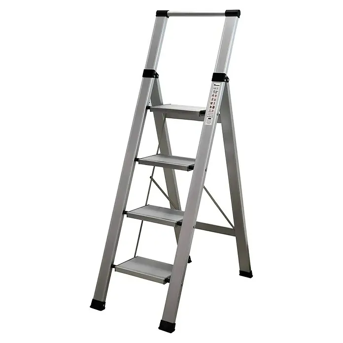 Escalera de tijera Homelux - Altura de trabajo: 3,2 m, Número de peldaños: 4 ud., Carga soportada: 150 kg, Aluminio - Escalera doméstica plateada con cuatro peldaños y protección de goma negra en los pies para una base segura.
