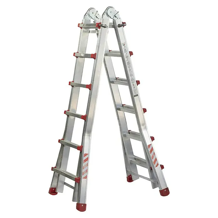 Escalera de tijera Homelux - Altura de trabajo: 7,3 m, Número de peldaños: 24 ud., Carga soportada: 150 kg, Aluminio - Imagen de una escalera multifuncional plateada con detalles rojos, que ofrece estabilidad y funcionalidad para diversas tareas.