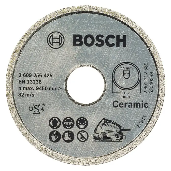 Bosch Diamant-Trennscheibe - Passend für: Bosch Mini-Handkreissäge PKS 16, 65 mm - Aufnahme einer Bosch Keramik-Trennscheibe mit technischen Details wie Größe und Sicherheitsvorkehrungen.