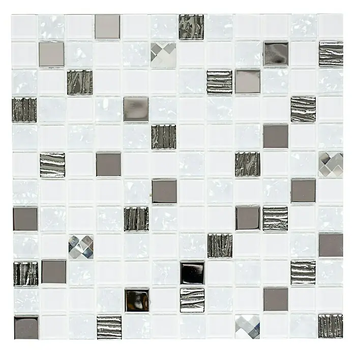 Selbstklebemosaik SAM 4CM24 - 30 x 30 cm, Weiß, Glänzend - Quadratisches Mosaikfliesenmuster mit weißen, silbernen und metallischen Akzenten für ein modernes und stilvolles Design.