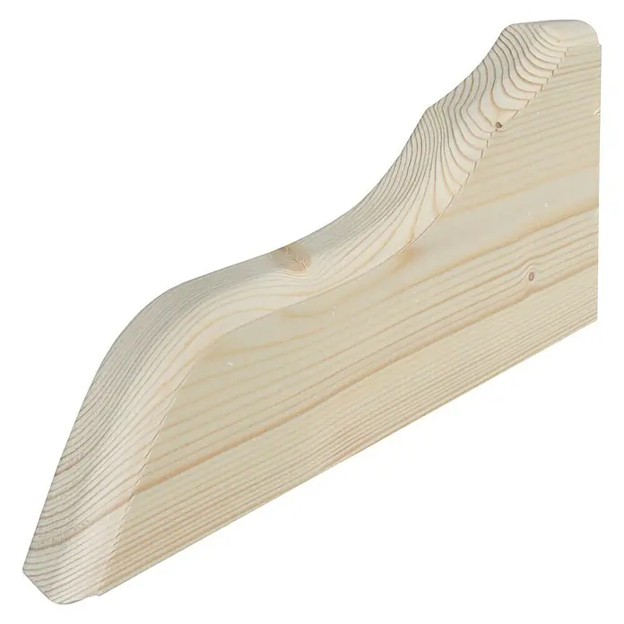 Konsole - Fichte/Tanne, 280 x 140 x 40 mm, Geschwungen, 2 Stk. - Nahaufnahme eines hellen, unbehandelten Holzstücks mit einer geschwungenen Kante, das die natürliche Maserung und Textur hervorhebt.