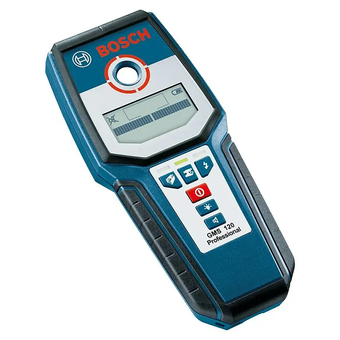 Bosch Professional Detector GMS 120 - Profundidad de detección: Máx. 120 mm de acero, Tiempo de funcionamiento: 5 h - Imagen de un detector Bosch GMS 120 Professional, una herramienta para localizar objetos dentro de las paredes.