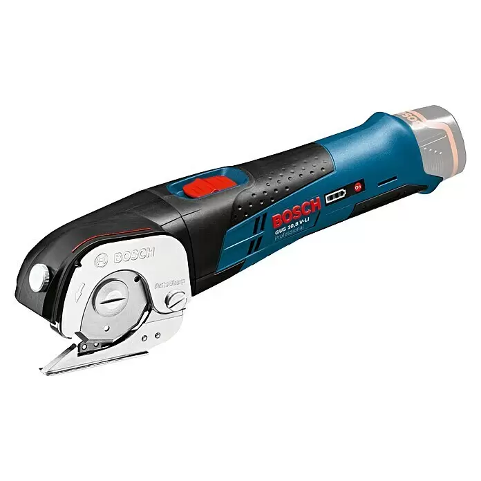 Bosch Professional Cortador universal de batería GUS 12V-300 - 12 V, Iones de litio, Sin batería, Apto para: Materiales de hasta 11 mm de espesor - Tijera universal a batería Bosch GUS 10,8 V-LI azul y negra con cabezal de corte plateado afilado y gatillo rojo.