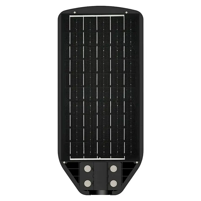 Arte confort Lusna Farola LED - Altura: 51,1 cm, Blanco frío, Negro, IP54 - Primer plano de una luz solar negra rectangular con múltiples celdas y cuatro mandos redondos en la parte inferior.