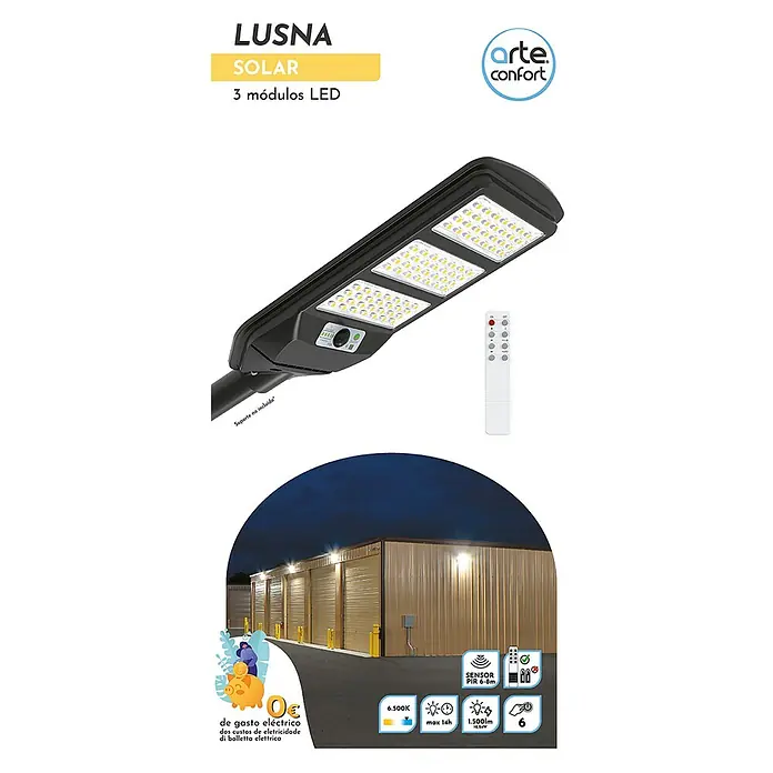Arte confort Lusna Farola LED - Altura: 51,1 cm, Blanco frío, Negro, IP54 - Luz exterior LED solar LUSNA con sensor de movimiento y control remoto para iluminar jardines, caminos y entradas.