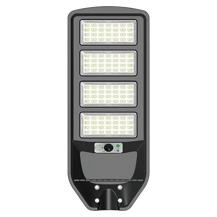 Arte confort Lusna Farola LED con soporte - 15 W, 2.000 lm, 6.500 K, IP54 - Una luz solar gris con cuatro paneles y controles, diseñada para uso en exteriores.