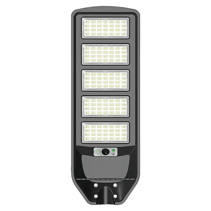Arte confort Lusna Farola LED con soporte - 20 W, 3.000 lm, 6.500 K, IP54 - Primer plano de una moderna lámpara LED de exterior gris con cinco superficies de iluminación, ideal para iluminar caminos y áreas.