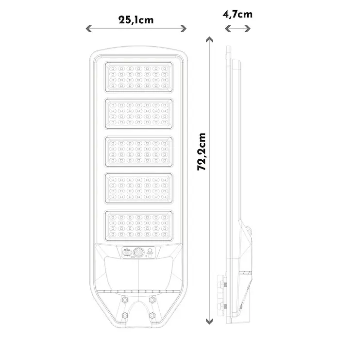 Arte confort Lusna Farola LED con soporte - 20 W, 3.000 lm, 6.500 K, IP54 - Imagen del producto de una luz solar LED con dimensiones de 72,2 cm de altura, 25,1 cm de ancho y 4,7 cm de grosor.