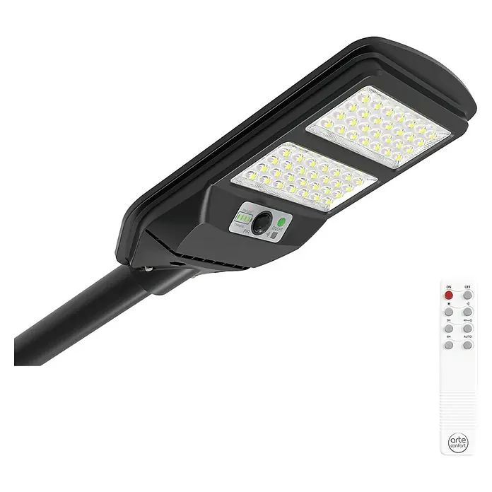 Arte confort Lusna Farola LED con soporte - 8 W, 700 lm, 6.500 K, IP54 - Imagen de una lámpara solar negra ARTE CONFORTO con mando a distancia, ideal para soluciones de iluminación exterior.