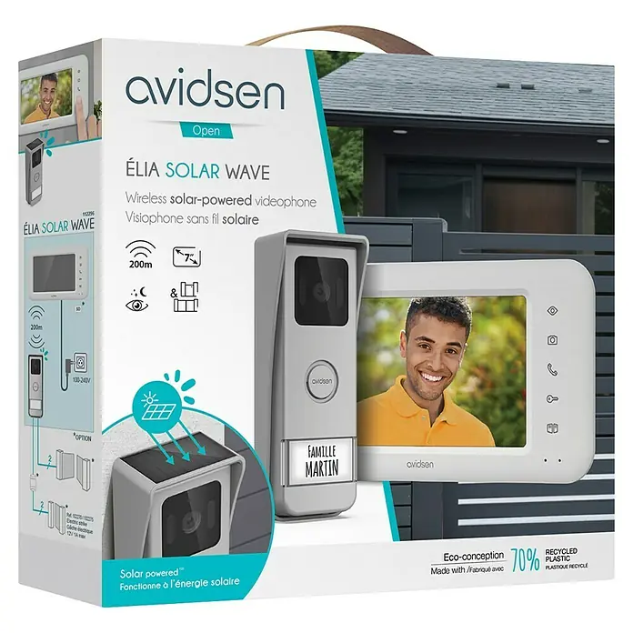 Avidsen Funk-Video-Türsprechanlage drahtlos mit Solarpanel und Batterie Elia Solar Wave - 125 ° - Produktbild des Avidsen Élia Solar Wave, einer kabellosen solarbetriebenen Video-Türsprechanlage mit großem Display.