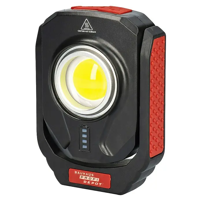 Profi Depot Linterna - A batería, 900 lm, IP44 - Lámpara de trabajo a batería de Bauhaus Profi Depot con luz LED y detalles en rojo, ideal para taller y obra.