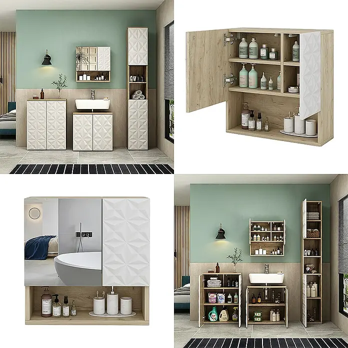 Vicco Spiegelschrank Edge Weiß mit Tür und offenen Fächern - B x H: 54 x 55 cm, Sonstiges, Weiß