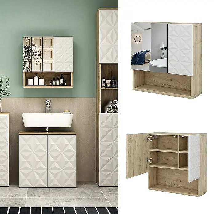 Vicco Spiegelschrank Edge Weiß mit Tür und offenen Fächern - B x H: 54 x 55 cm, Sonstiges, Weiß