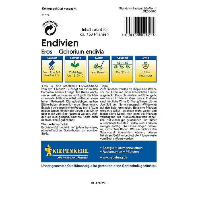 Kiepenkerl Profi-Line Salatsamen Endivie Eros - Cichorium endivia, Erntezeit: Juli - Samentüte mit 'Eros' Endiviensamen. 'Eros' ist eine Sorte, die sich durch ihren hohen Gelbanteil und mild-herben Geschmack auszeichnet.