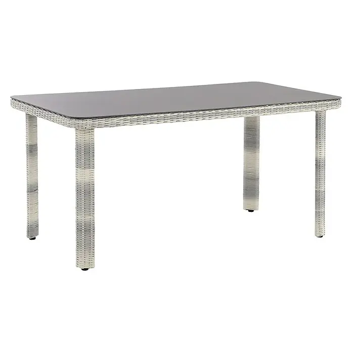 Conjunto de muebles Lodrino - 6 pzs., Aluminio/Olefin, Beige/Gris - Elegante mesa de ratán con tapa de cristal para uso exterior. Su diseño elegante la convierte en un atractivo en cualquier patio o jardín.