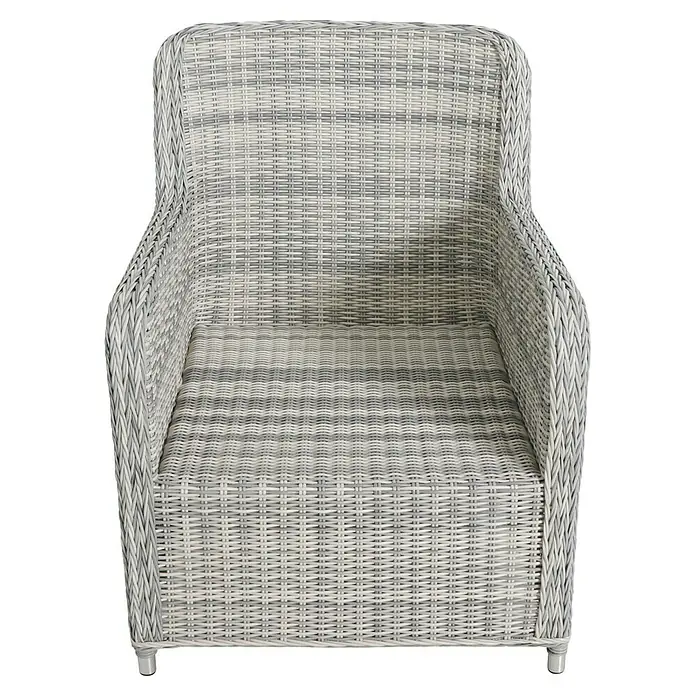 Conjunto de muebles Lodrino - 6 pzs., Aluminio/Olefin, Beige/Gris - Un sillón de mimbre gris con reposabrazos y respaldo alto, diseñado para confort y estilo, perfecto para momentos de relajación en el jardín o patio.