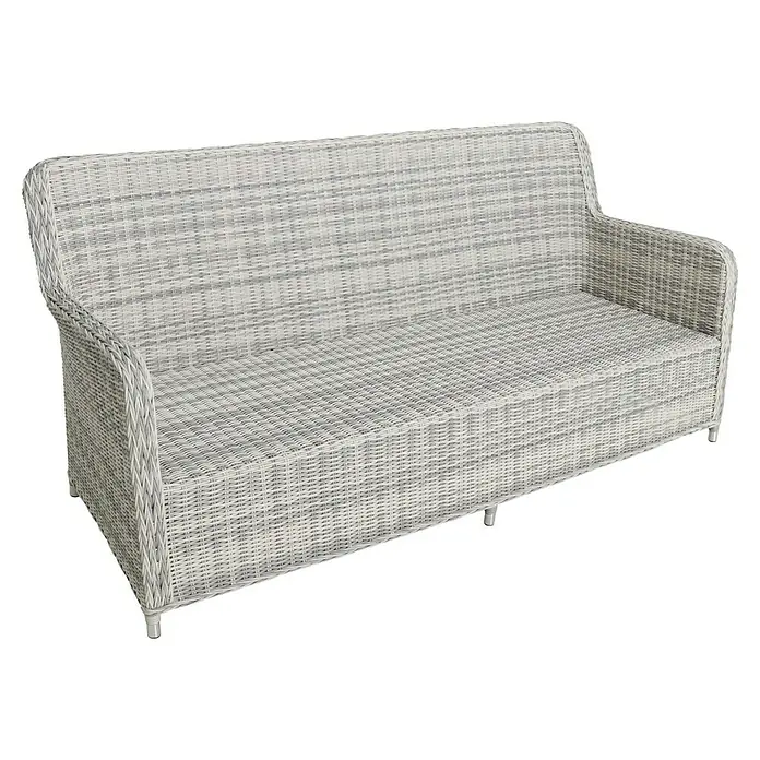 Conjunto de muebles Lodrino - 6 pzs., Aluminio/Olefin, Beige/Gris - Primer plano de un sofá de exterior de ratán gris con respaldo bajo y reposabrazos, perfecto para relajarse y vivir al aire libre.