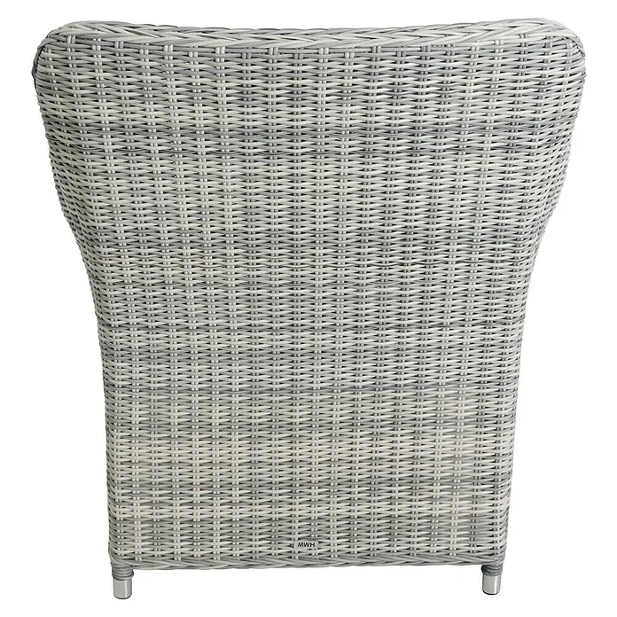 Conjunto de muebles Lodrino - 6 pzs., Aluminio/Olefin, Beige/Gris - Primer plano de una silla tejida en gris y blanco, destacando la textura y el diseño del mueble. Artesanía detallada.