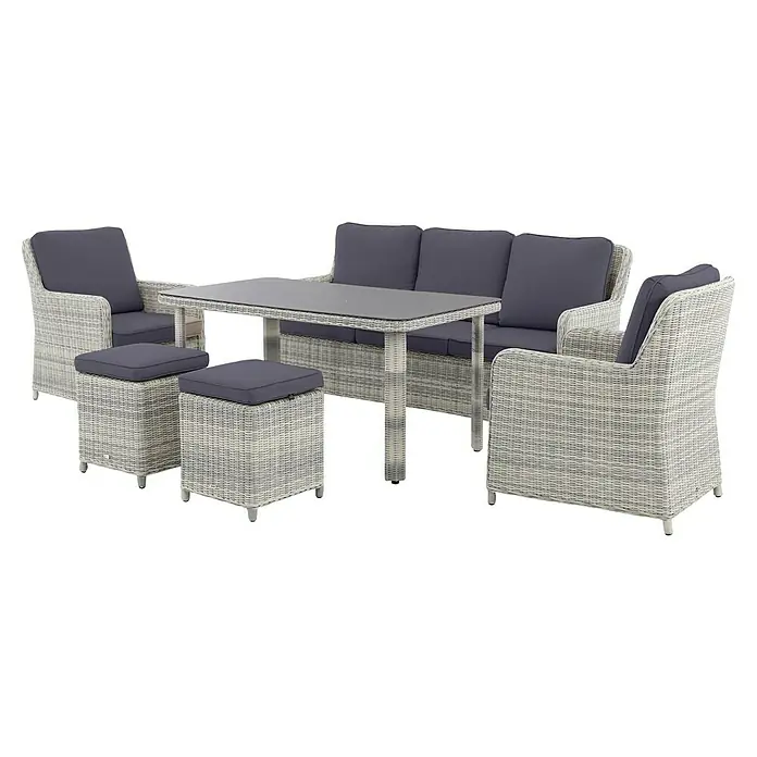 Conjunto de muebles Lodrino - 6 pzs., Aluminio/Olefin, Beige/Gris - Elegante conjunto de muebles de jardín con ratán gris y cojines gris oscuro, que incluye un sofá, sillones, mesa y taburetes para relajarse al aire libre.