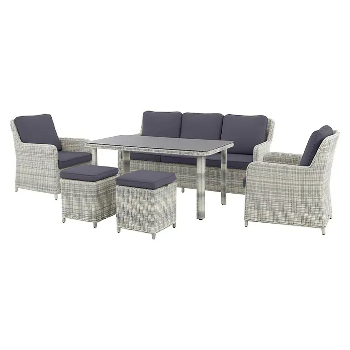 Conjunto de muebles Lodrino - 6 pzs., Aluminio/Olefin, Beige/Gris - Un juego de muebles de exterior gris con mesa, sofá, sillas y taburetes, perfecto para relajarse al aire libre.