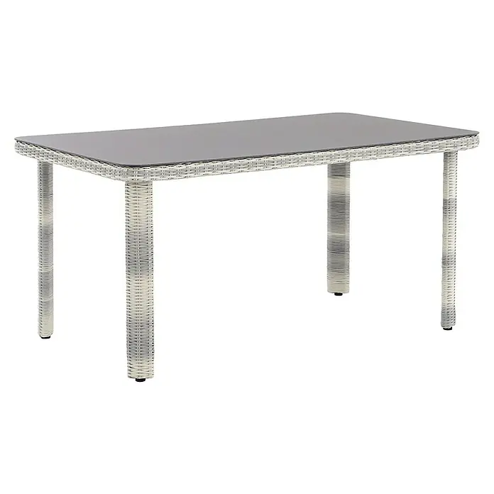 Conjunto de muebles Lodrino - 6 pzs., Aluminio/Olefin, Beige/Gris - Primer plano de una mesa de jardín moderna con aspecto de ratán y tablero gris, ideal para uso exterior.