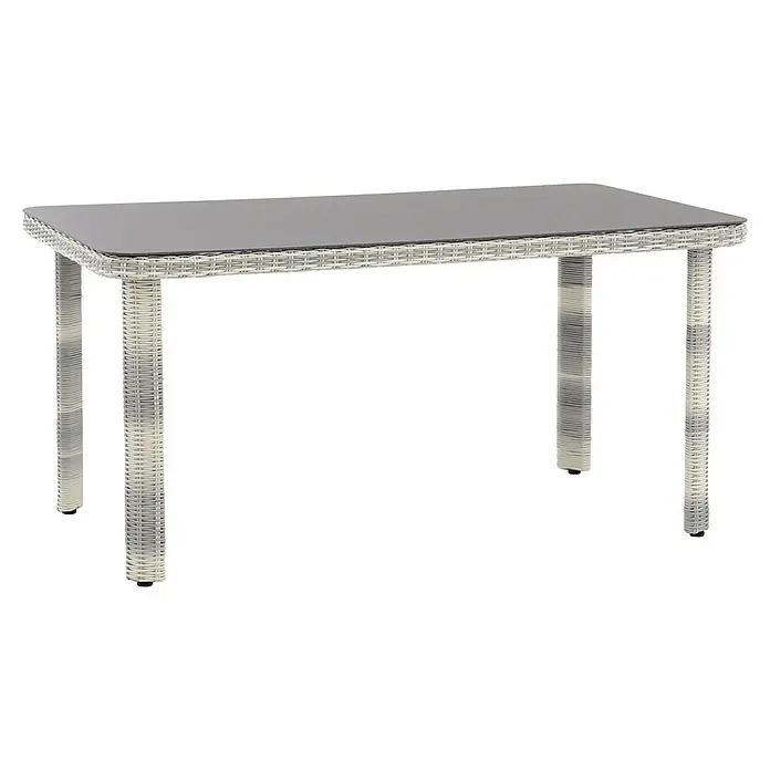 Conjunto de muebles Lodrino - 6 pzs., Aluminio/Olefin, Beige/Gris - Una mesa de comedor moderna con tapa de vidrio y estructura con aspecto de ratán. Su diseño elegante lo convierte en un atractivo en cualquier comedor.