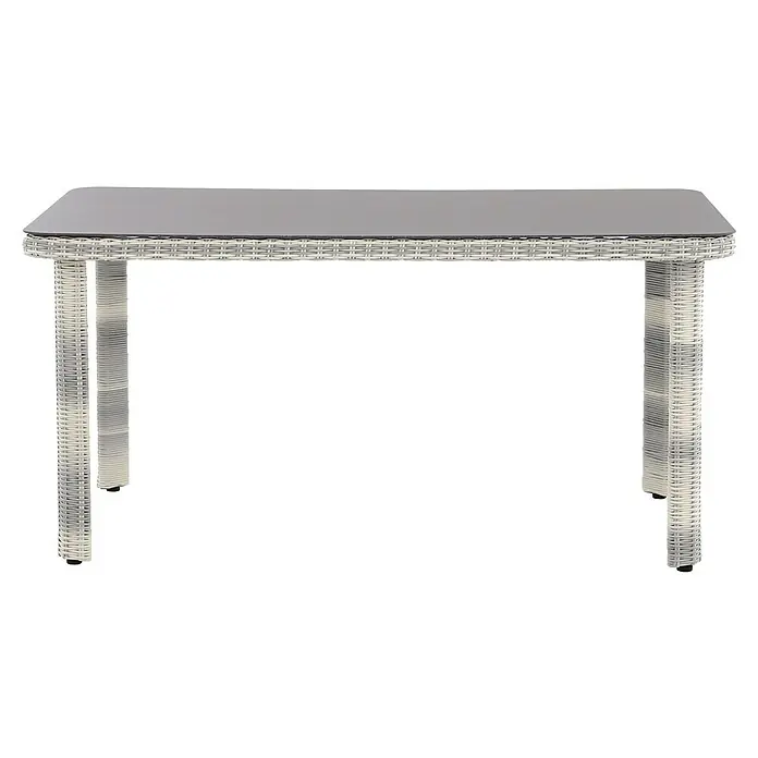 Conjunto de muebles Lodrino - 6 pzs., Aluminio/Olefin, Beige/Gris - Una mesa de ratán gris con una tapa de cristal. La mesa tiene un diseño tejido ligero sobre un fondo negro contrastante.
