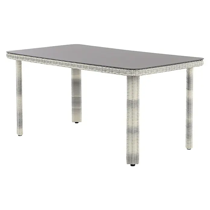 Conjunto de muebles Lodrino - 6 pzs., Aluminio/Olefin, Beige/Gris - Una mesa de comedor gris con estructura de ratán blanco y una tapa de cristal, ideal para uso en exteriores. La pieza añade un toque de elegancia.