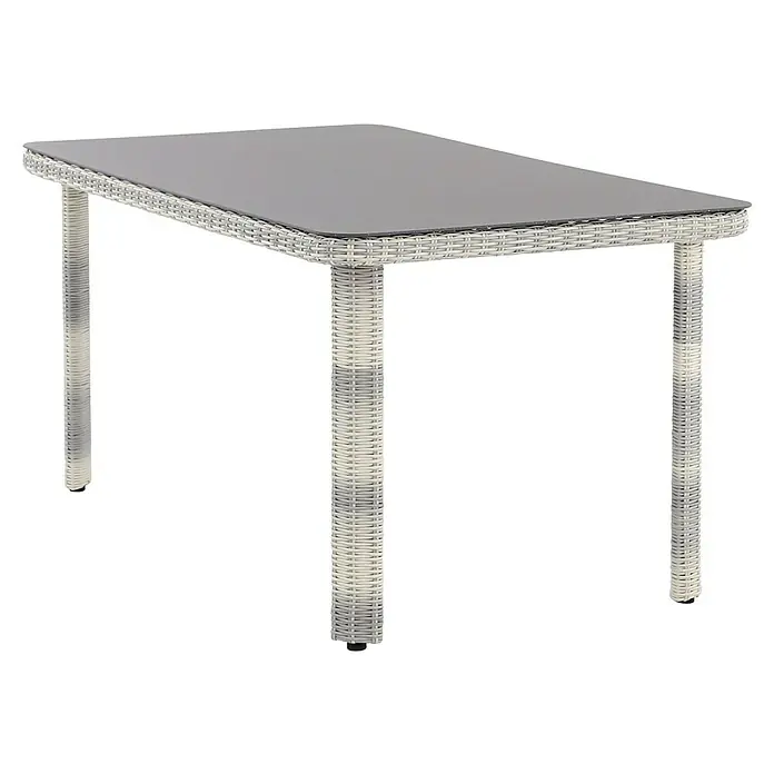 Conjunto de muebles Lodrino - 6 pzs., Aluminio/Olefin, Beige/Gris - Una mesa rectangular gris con estructura tejida blanca, perfecta para uso en exteriores, que ofrece una funcionalidad elegante para su patio o jardín.