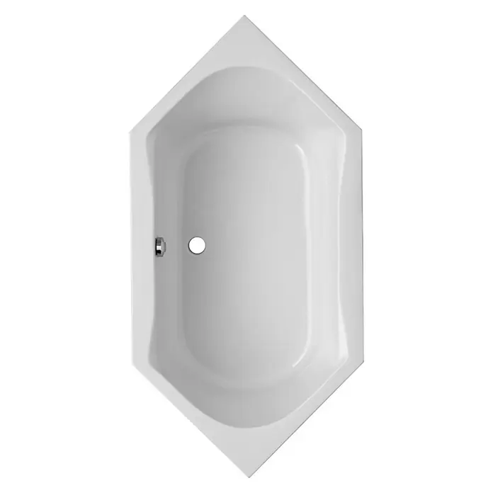 Ottofond Badewanne Grenada - 200 x 100 cm, Sanitäracryl, Weiß - Blick von oben auf eine weiße, trapezförmige Badewanne mit Armatur und Abfluss. Ideal für moderne Badezimmerdesigns.