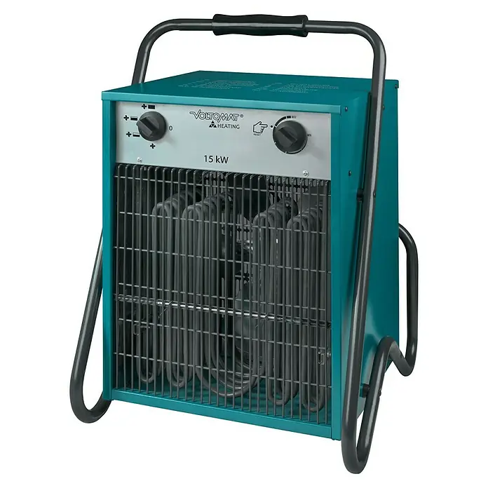 Voltomat HEATING Bauheizer - 15.000 W, Nennspannung: 400 V, Blau, IP24 - Abbildung einer VOLTOMAT Elektroheizung mit 15 kW Leistung. Die Heizung ist blau und hat einen schwarzen Rahmen und Bedienelemente.