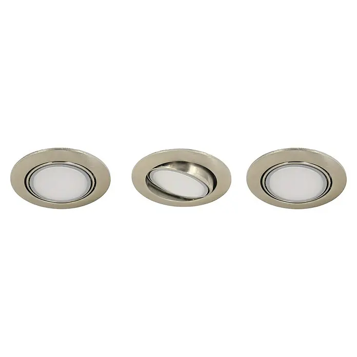 Tween Light LED-Einbauleuchten-Set rund - 15 W, Nickel matt, Warmweiß - Drei LED-Einbaustrahler in gebürstetem Nickel, einer davon geneigt, für flexible Beleuchtung.