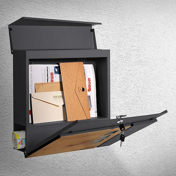 ML-Design Wandbriefkasten Mailbox Wandbriefkasten mit Zeitungsrolle für Wandmontage - L x B x H: 37 x 11 x 36,5 cm, Anthrazit, Braun, Metall, Zeitungsfach