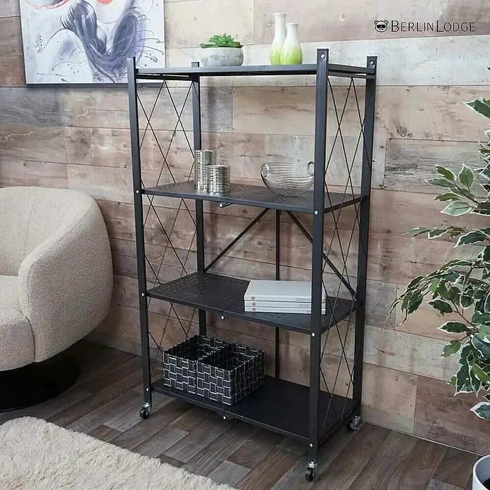 Berlinlodge Metallregal KLAP klappbar auf Rollen - H x B x T: 127 x 72 x 34 cm, Traglast pro Boden: 50 kg, Anzahl Böden: 4 Stk., Schwarz