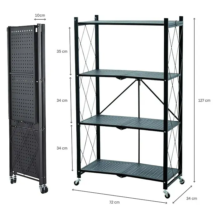 Berlinlodge Metallregal KLAP klappbar auf Rollen - H x B x T: 127 x 72 x 34 cm, Traglast pro Boden: 50 kg, Anzahl Böden: 4 Stk., Schwarz