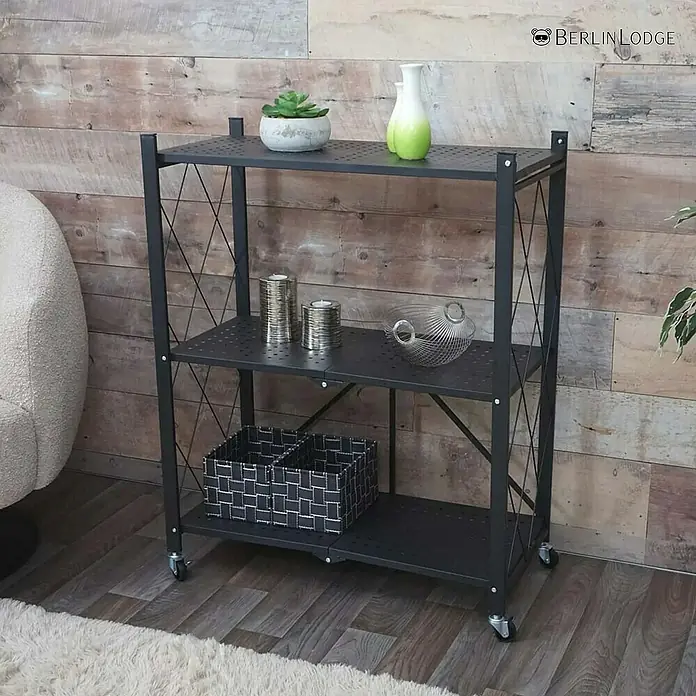 Berlinlodge Metallregal KLAP klappbar auf Rollen - H x B x T: 87 x 72 x 34 cm, Traglast pro Boden: 50 kg, Anzahl Böden: 3 Stk., Aufstellen, Schwarz