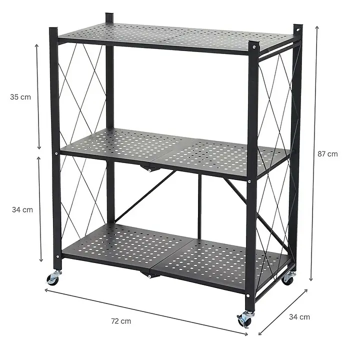 Berlinlodge Metallregal KLAP klappbar auf Rollen - H x B x T: 87 x 72 x 34 cm, Traglast pro Boden: 50 kg, Anzahl Böden: 3 Stk., Aufstellen, Schwarz