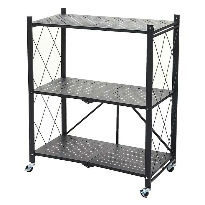 Berlinlodge Metallregal KLAP klappbar auf Rollen - H x B x T: 87 x 72 x 34 cm, Traglast pro Boden: 50 kg, Anzahl Böden: 3 Stk., Aufstellen, Schwarz
