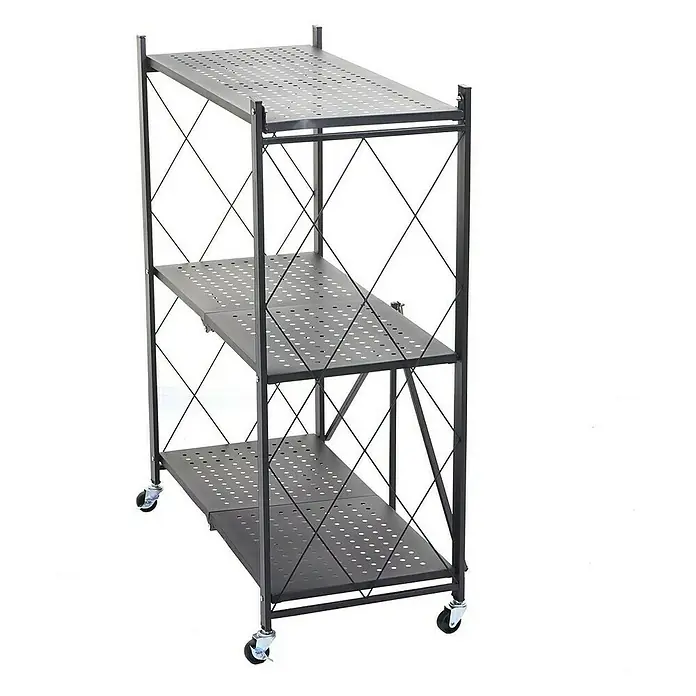 Berlinlodge Metallregal KLAP klappbar auf Rollen - H x B x T: 87 x 72 x 34 cm, Traglast pro Boden: 50 kg, Anzahl Böden: 3 Stk., Aufstellen, Schwarz
