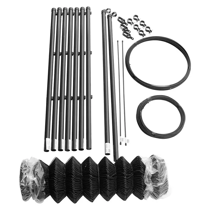 Hadra Maschendrahtzaun-Set - 15 x 0,8 m, Anthrazit - Produktbild eines schwarzen Gartenzaunsatzes mit Pfosten, Gittern und Zubehör für eine einfache Installation.