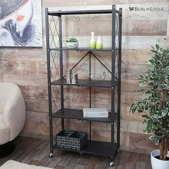 BERLINLODGE KLAP klappbares Regal auf Rollen | 5 Fachböden | Belastbarkeit 250kg | HxBxT 167x72x34cm | Schwarz - 