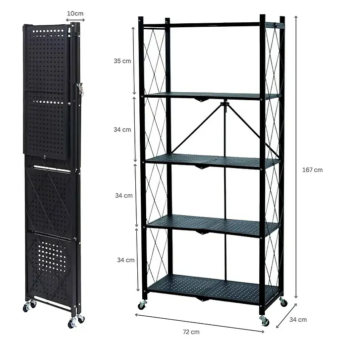 BERLINLODGE KLAP klappbares Regal auf Rollen | 5 Fachböden | Belastbarkeit 250kg | HxBxT 167x72x34cm | Schwarz - 