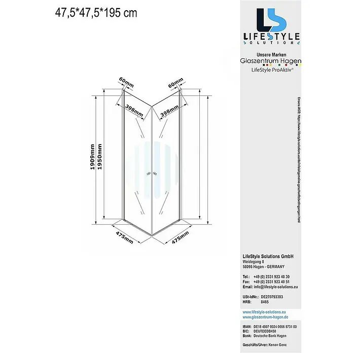 Glaszentrum Hagen Eckdusche 47.5x47.5x195 cm Eck Duschkabine Altbau - 47,5 x 47,5 x 195 cm, Eloxiert, Transparent, Stärke: 6 mm