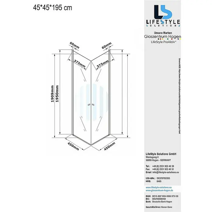 Glaszentrum Hagen Eckdusche 45x45x195 cm Eck Duschkabine Altbau - 45 x 45 x 195 cm, Eloxiert, Transparent, Stärke: 6 mm
