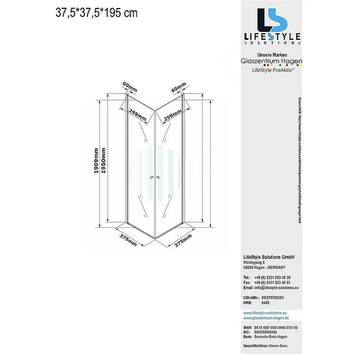 Glaszentrum Hagen Eckdusche 37.5x37.5x195 cm Eck Duschkabine Altbau - 37,5 x 37,5 x 195 cm, Eloxiert, Transparent, Stärke: 6 mm