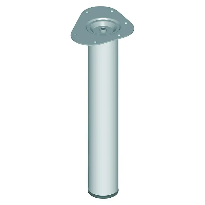 Element System Pata para muebles - Ø x Al: 6 x 40 cm, Capacidad de carga: 75 kg, Acero, Acero inoxidable - Primer plano de una pata de mesa plateada con placa de montaje triangular, ideal para proyectos de muebles.